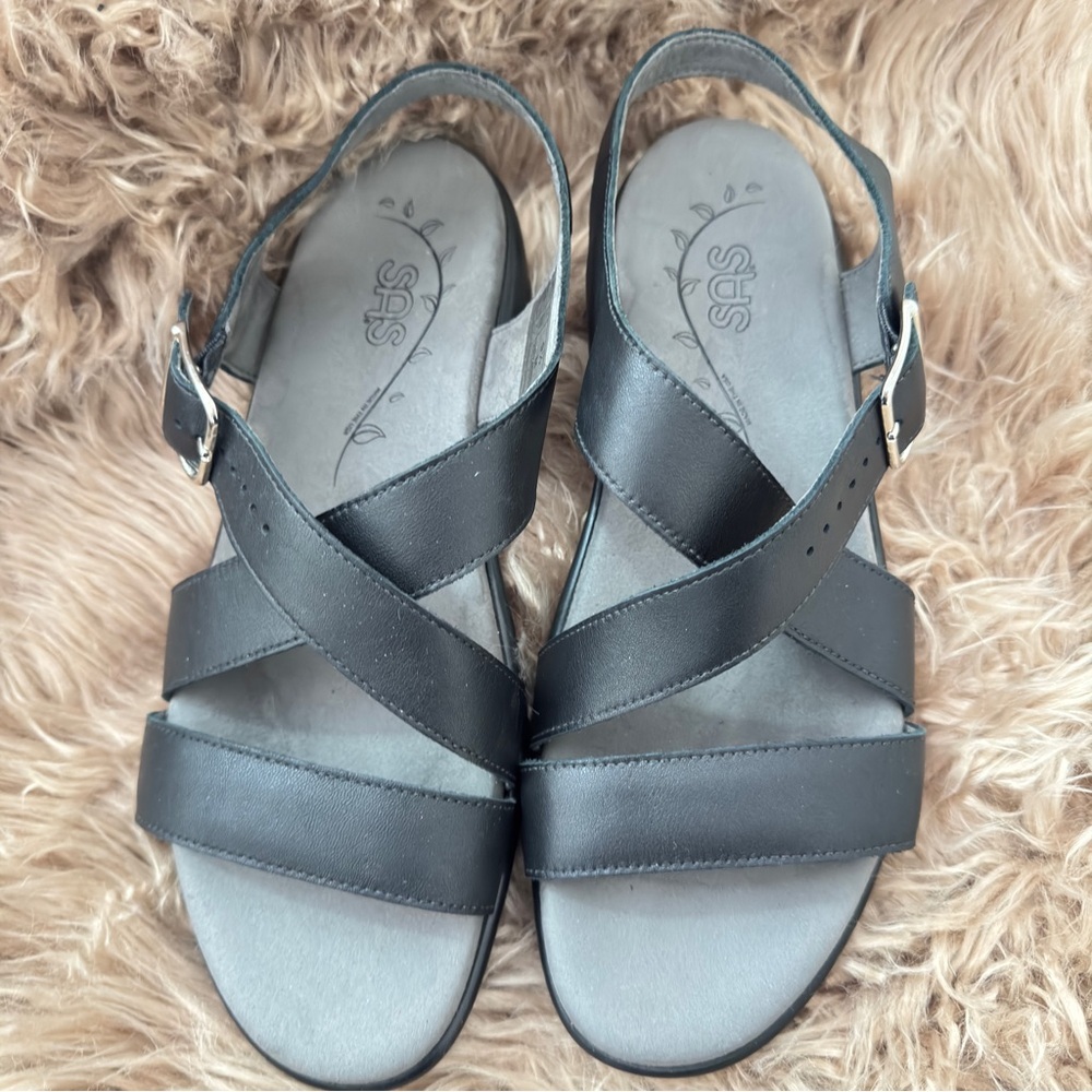 SAS Women's Laguna Sandals, black leather straps, ankle buckle, comfort, 9.5 - Picture 2 of 7